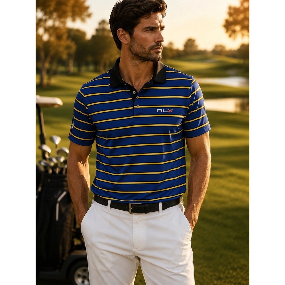 RLX Ralph Lauren Polo Shirt Mens Medium Blue Yellow Striped Performance Golf